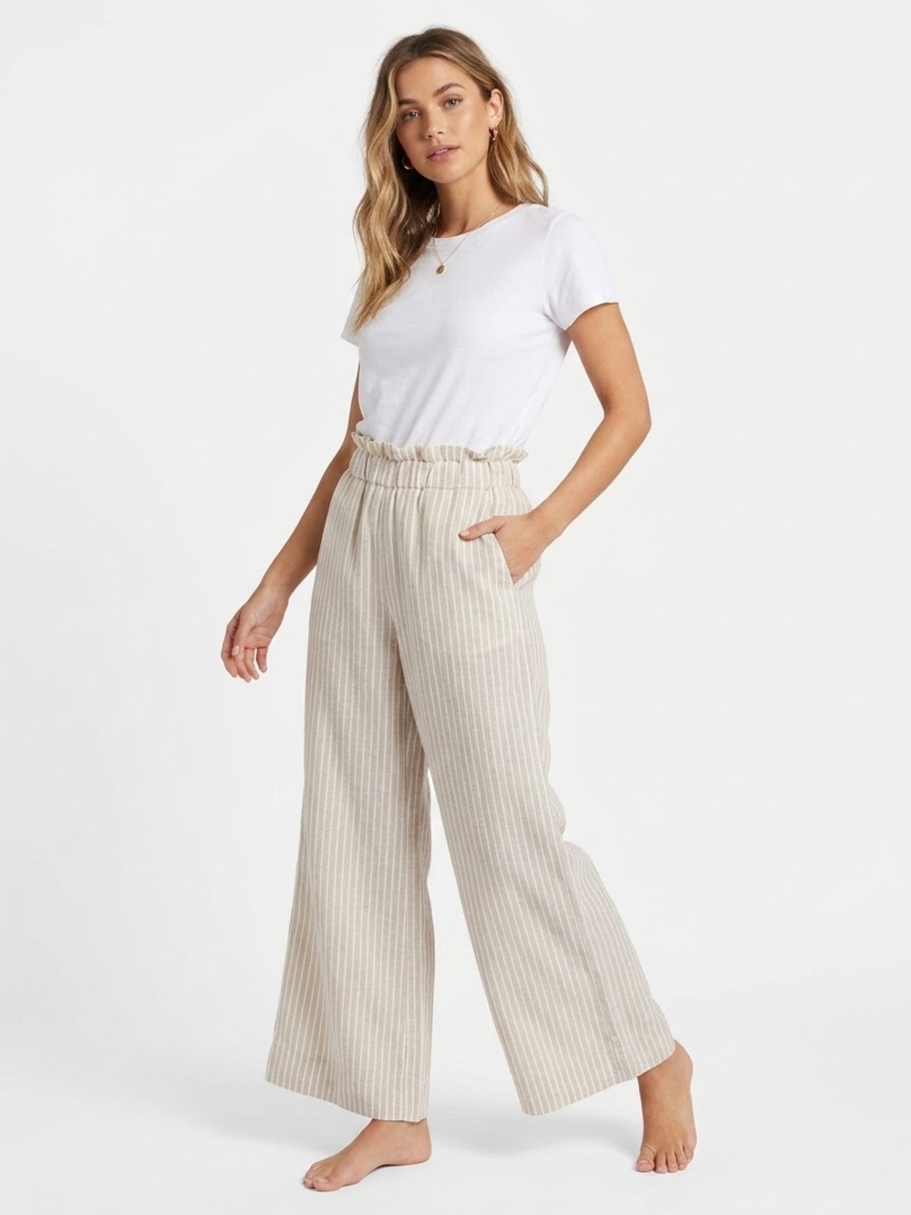 Chicos Wide Leg cropped Paperbag Waist 100% Linen Pants in Beige Stripe Sz M